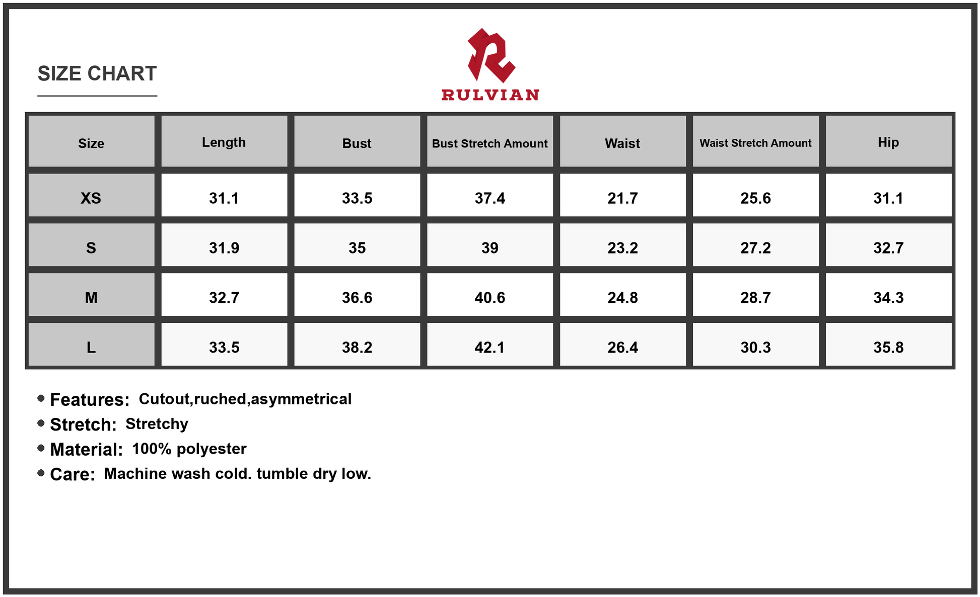 Size Chart - Women's Cutout Single Shoulder Mini Dress with Ruched Asymmetrical Design 100% Polyester Fabric for Party Wear