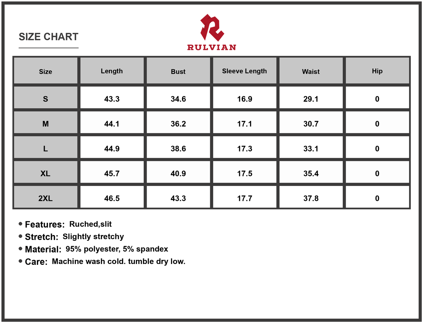 Size Chart - Women's Ruched Surplice Half Sleeve Dress with Slit and Stretch 95% Polyester 5% Spandex Perfect for Party Wear