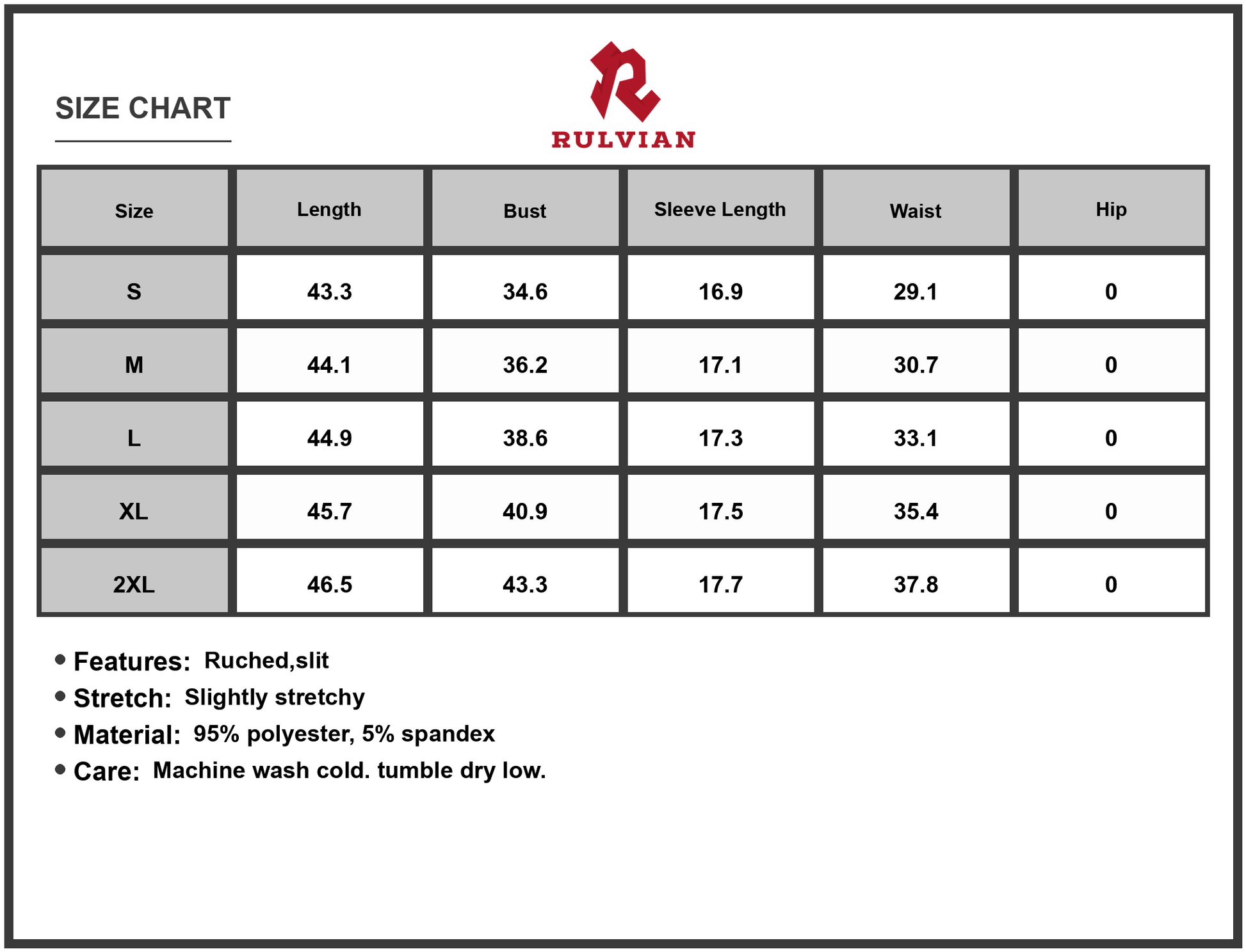 Size Chart - Women's Ruched Surplice Half Sleeve Dress with Slit and Stretch 95% Polyester 5% Spandex Perfect for Party Wear