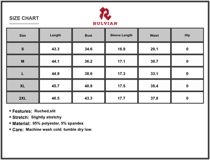 Size Chart - Women's Ruched Surplice Half Sleeve Dress with Slit and Stretch 95% Polyester 5% Spandex Perfect for Party Wear