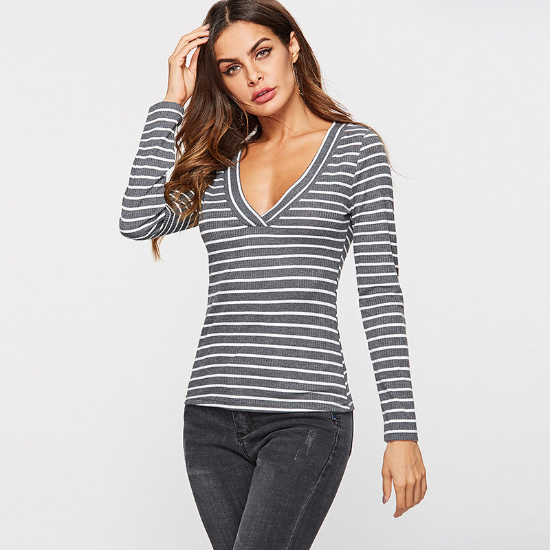 Men's Slim Deep V Neck Striped Long Sleeve Shirt 60% Cotton 40% Polyester For Everyday Comfort