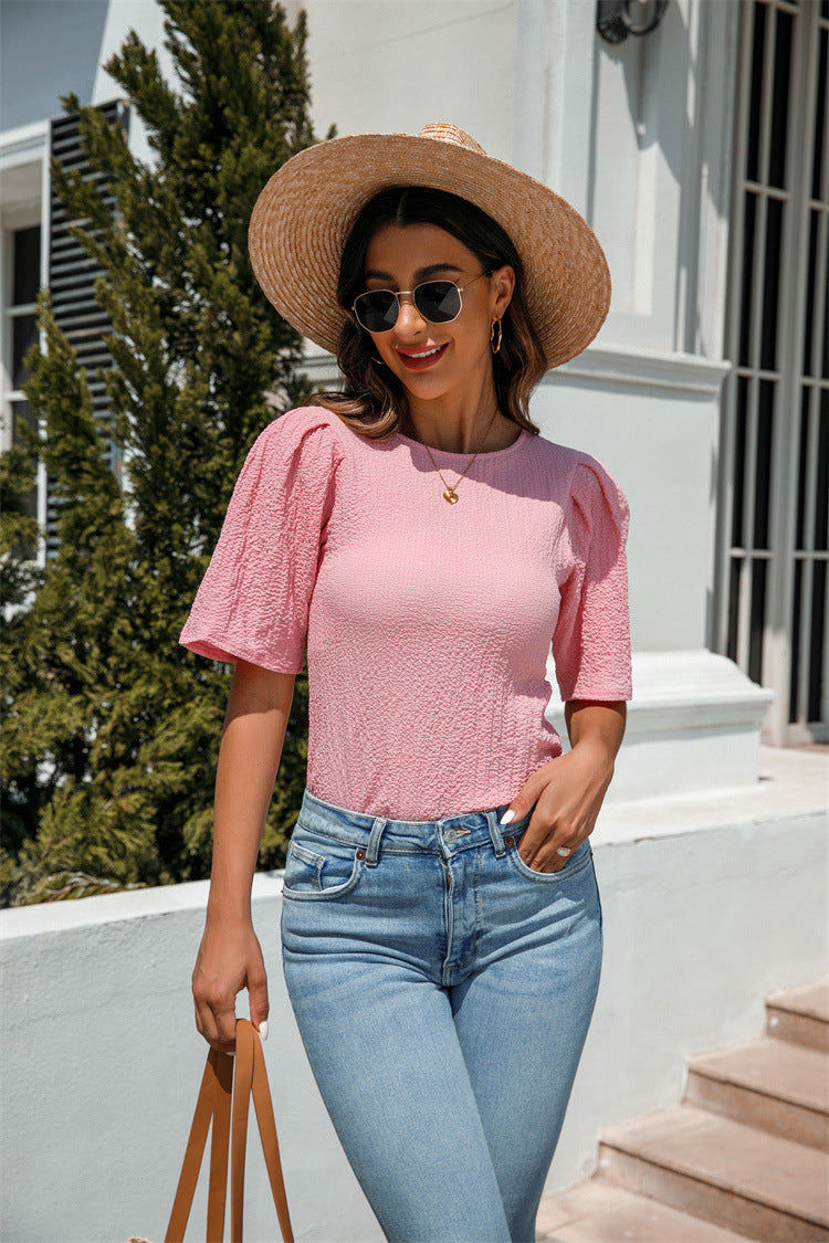 Men's Crew Neck Pleated Folded Solid Color T Shirt 100% Polyester Short Sleeve Pink Loose Fit Comfort