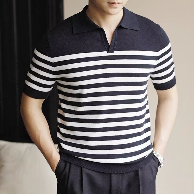 Men's Striped Casual Thin Short Sleeve Top Silk 100% Polyester Fabric In White Black Orange Lightweight