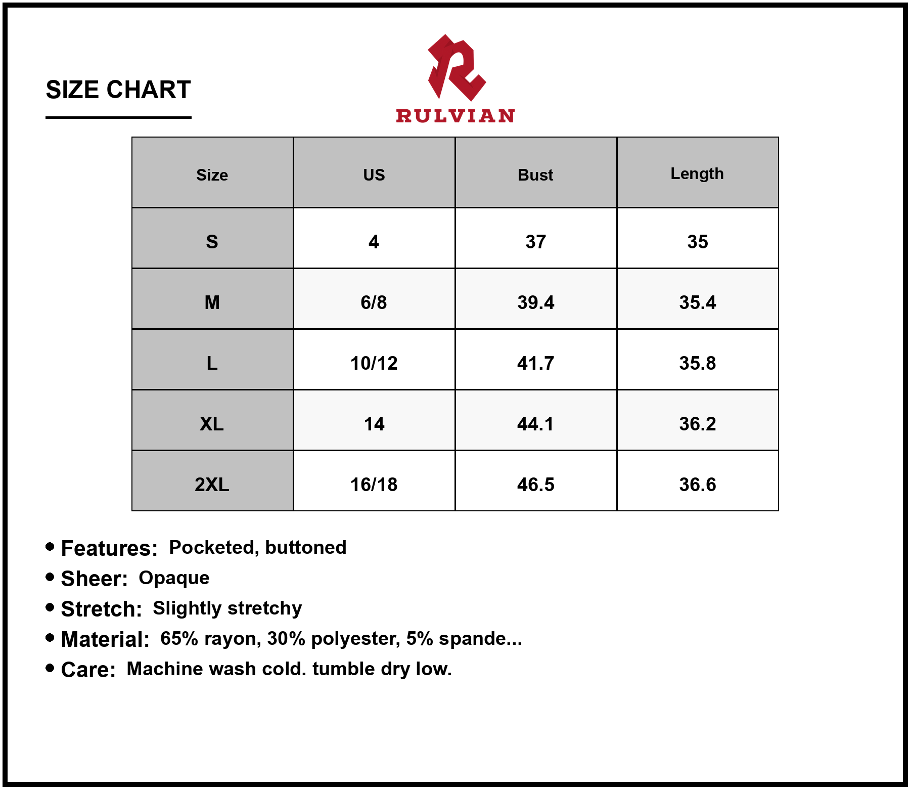 Size Chart - Women's Buttoned Wide Strap Mini Dress with Pockets and Sheer Overlay Soft 65% rayon 30% polyester 5% spandex