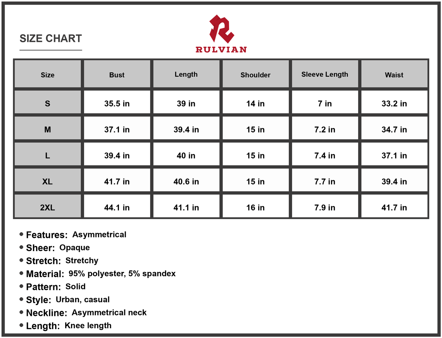 Size Chart - Women's Ribbed Knit Dress with Asymmetrical Neck Short Sleeves Knee Length Casual Urban Wear 95% Polyester 5% Spandex