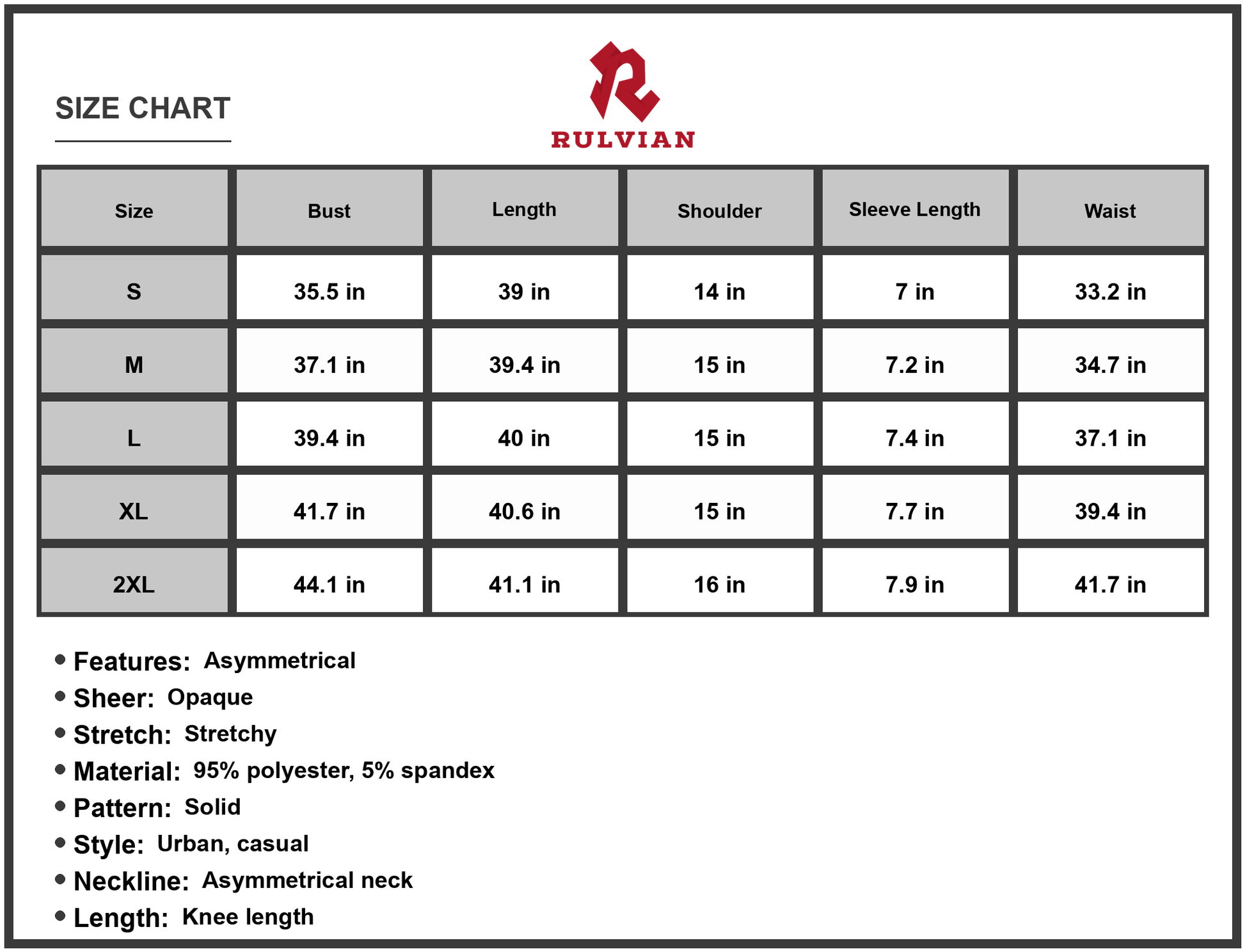 Size Chart - Women's Ribbed Knit Dress with Asymmetrical Neck Short Sleeves Knee Length Casual Urban Wear 95% Polyester 5% Spandex