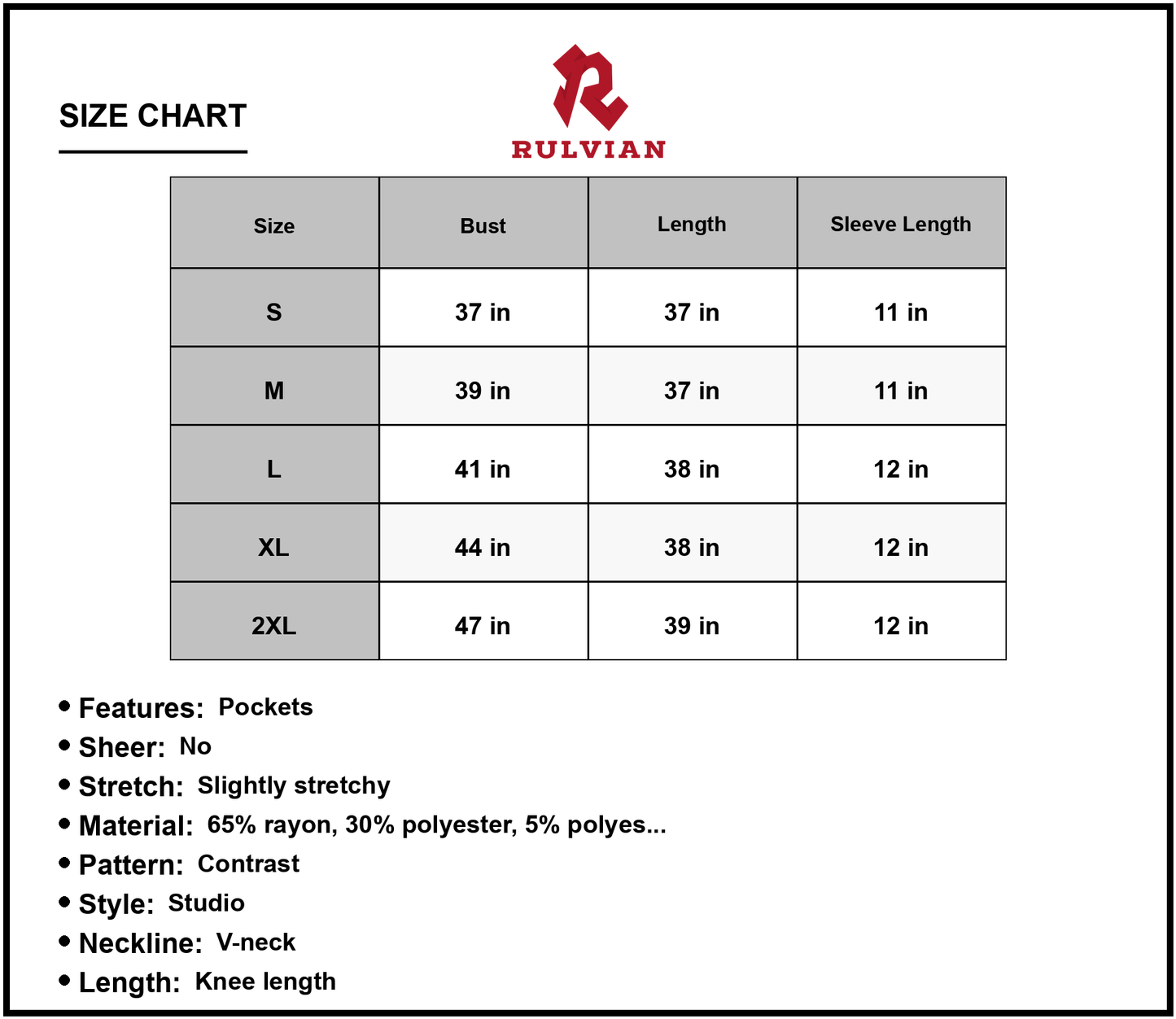 Size Chart - Women's V Neck Puff Sleeve Dress with Pocket Contrast Detail 65% rayon 30% polyester 5% polyester Knee Length