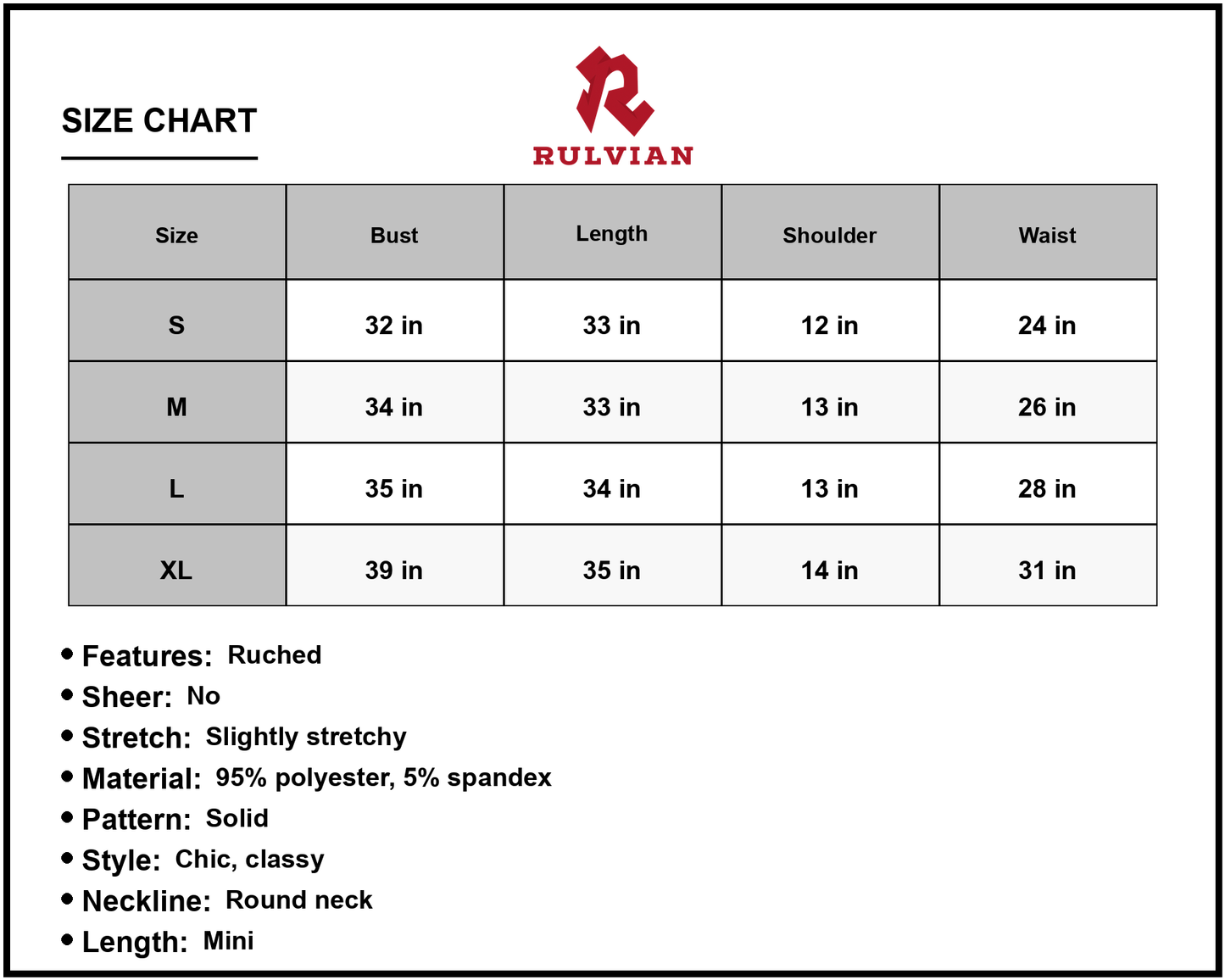 Size Chart - Women's Full Size Twist Front Tulip Hem Dress Chic Casual Sleeveless Mini Round Neck Ruched Ninety five percent