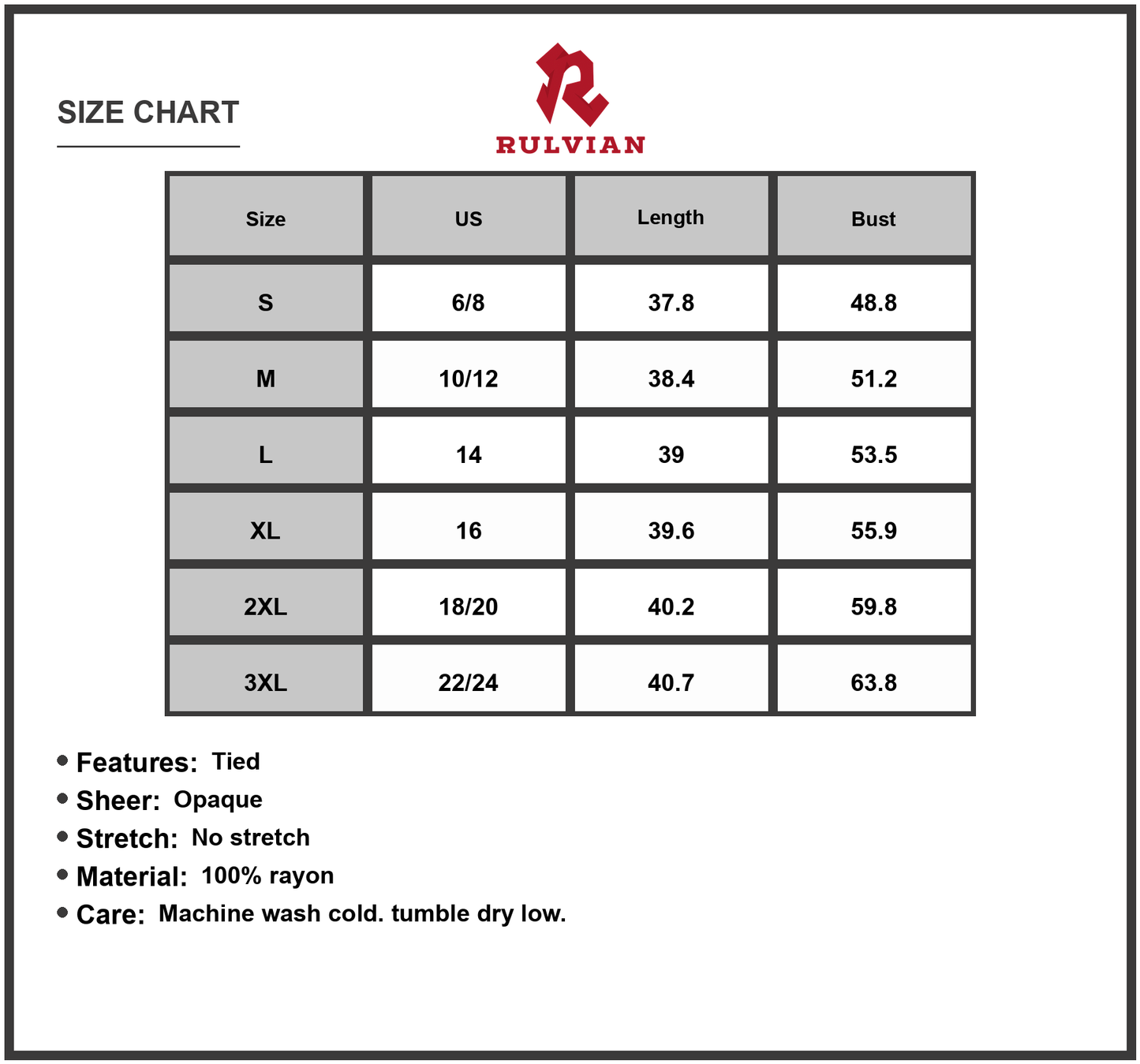 Size Chart - Women's Flowing Full Size Printed V Neck Drawstring Dress with Sheer Tied Overlay Lined 100% Rayon Lightweight Upgrade