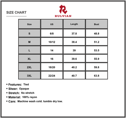 Size Chart - Women's Flowing Full Size Printed V Neck Drawstring Dress with Sheer Tied Overlay Lined 100% Rayon Lightweight Upgrade