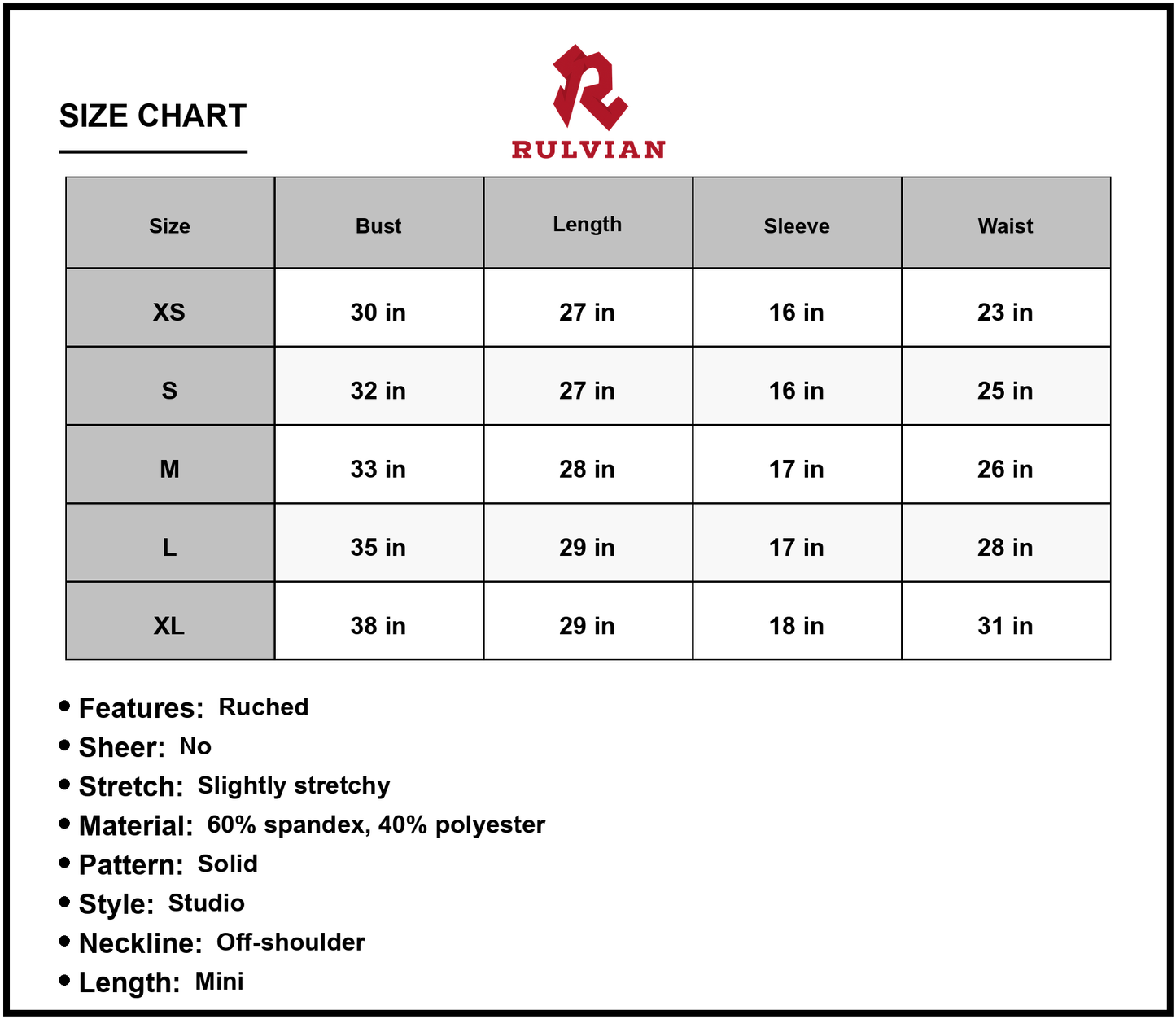 Size Chart - Women's Glitter Ruched Off Shoulder Long Sleeve Bodycon Dress Mini Length Evening with 60% Spandex and 40% Polyester