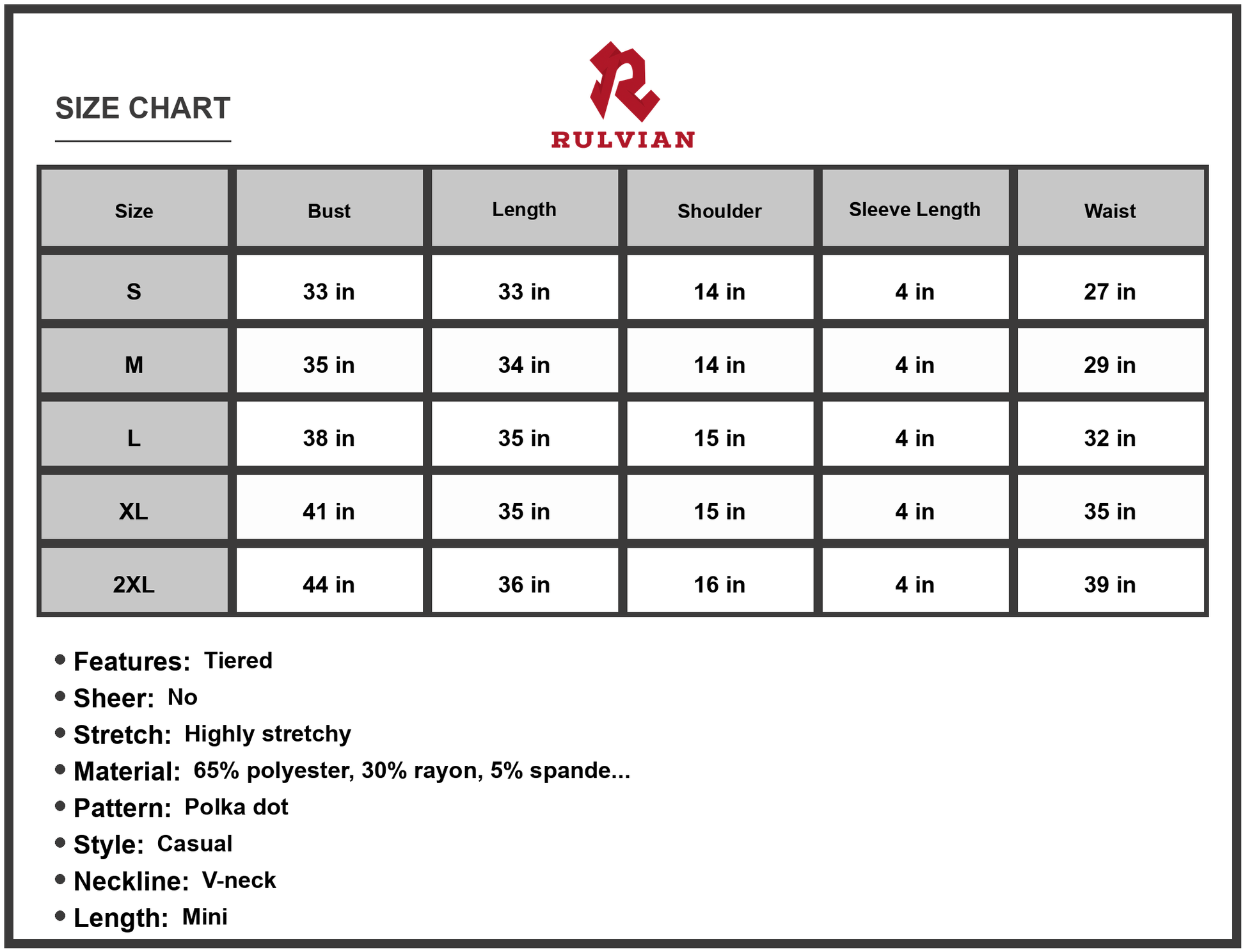 Size Chart - Women's PolkaDot Vneck Flutter Sleeve Dress Sixty five percent polyester thirty percent rayon five percent spandex blend