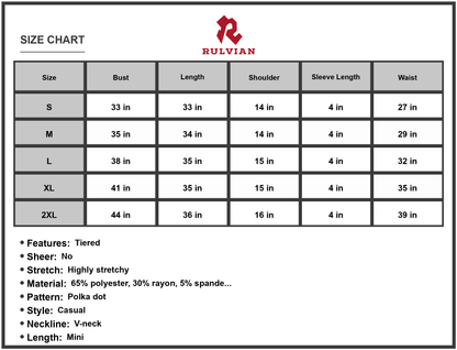 Size Chart - Women's PolkaDot Vneck Flutter Sleeve Dress Sixty five percent polyester thirty percent rayon five percent spandex blend