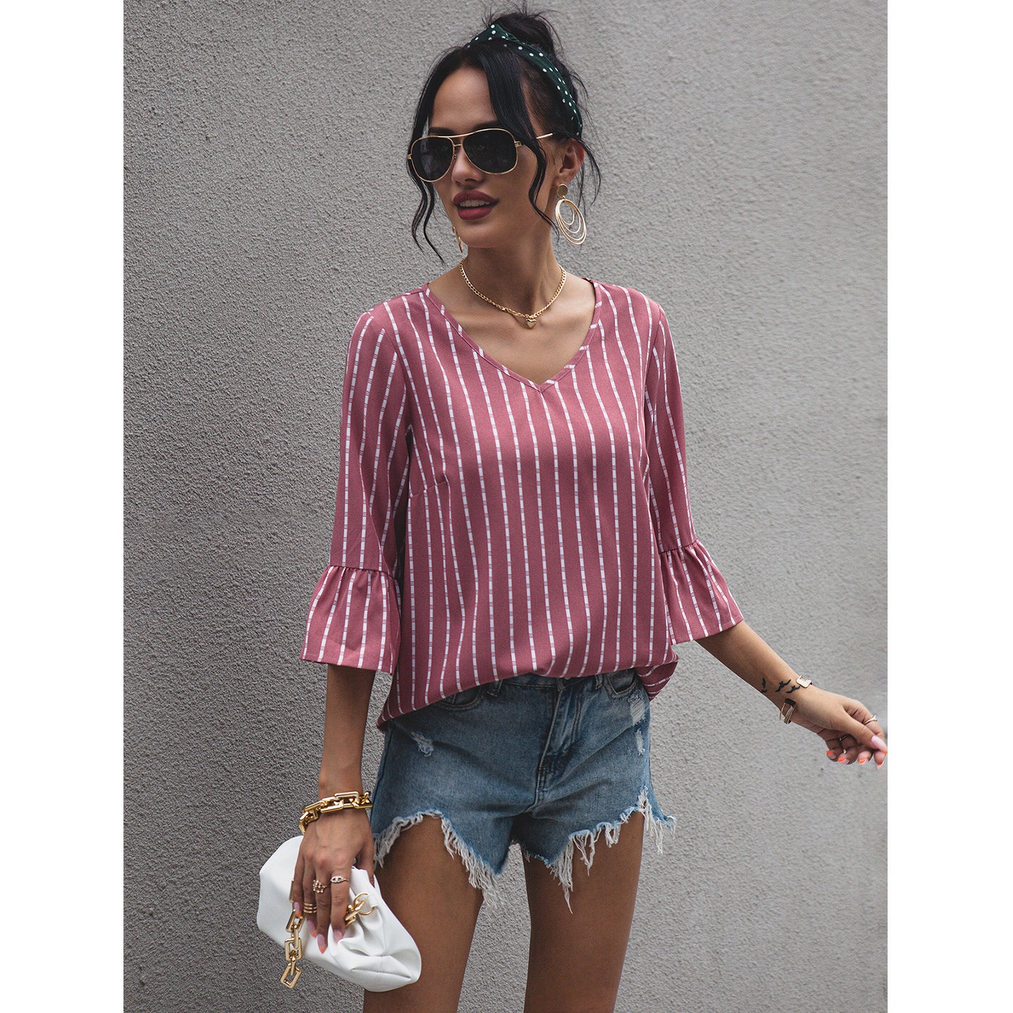 Women's V Neck Striped T Shirt Pink Short Sleeve Casual Top For Everyday Wear Lightweight Polyester % Fabric