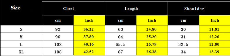 Size Chart - Solid Color V-neck Button Loose Vest