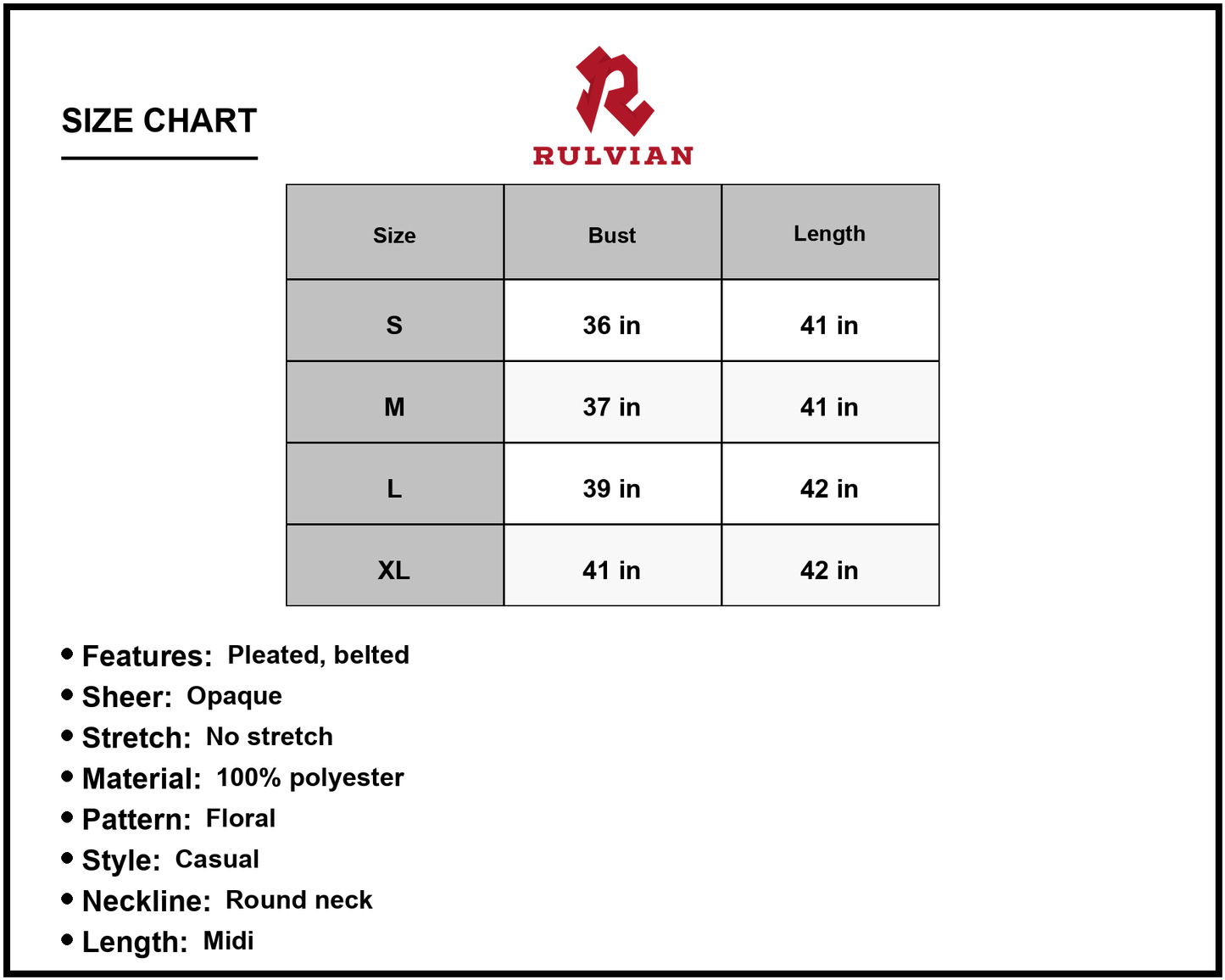 Size Chart - Women's Ditsy Floral Pleated Belted Midi Dress Round Neck Short Sleeves A Line Hem Casual Chic 60% Polyester Dress