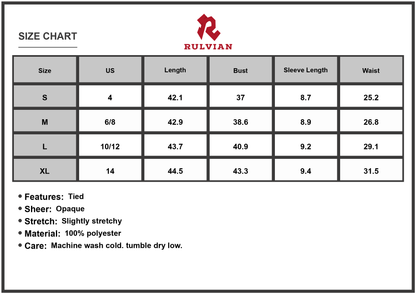Size Chart - Women's Printed Round Neck Short Sleeve Dress with Tie Detail and Slightly Stretchy Fit 100% Polyester Everyday Comfort