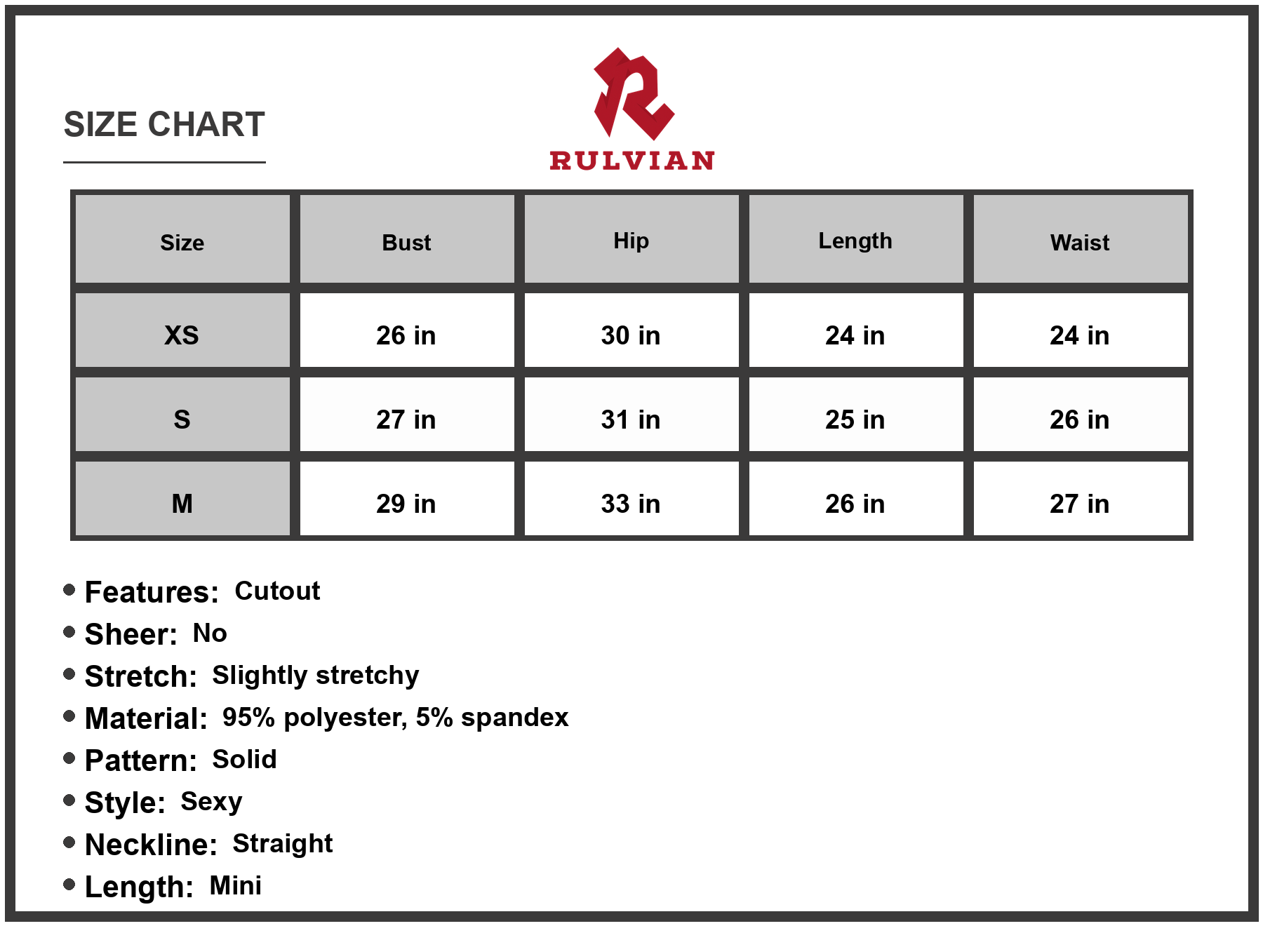 Size Chart - Women's Ruched Cutout One Shoulder Bodycon Dress with Slim Pencil Silhouette 95% polyester 5% spandex Fabric Collection
