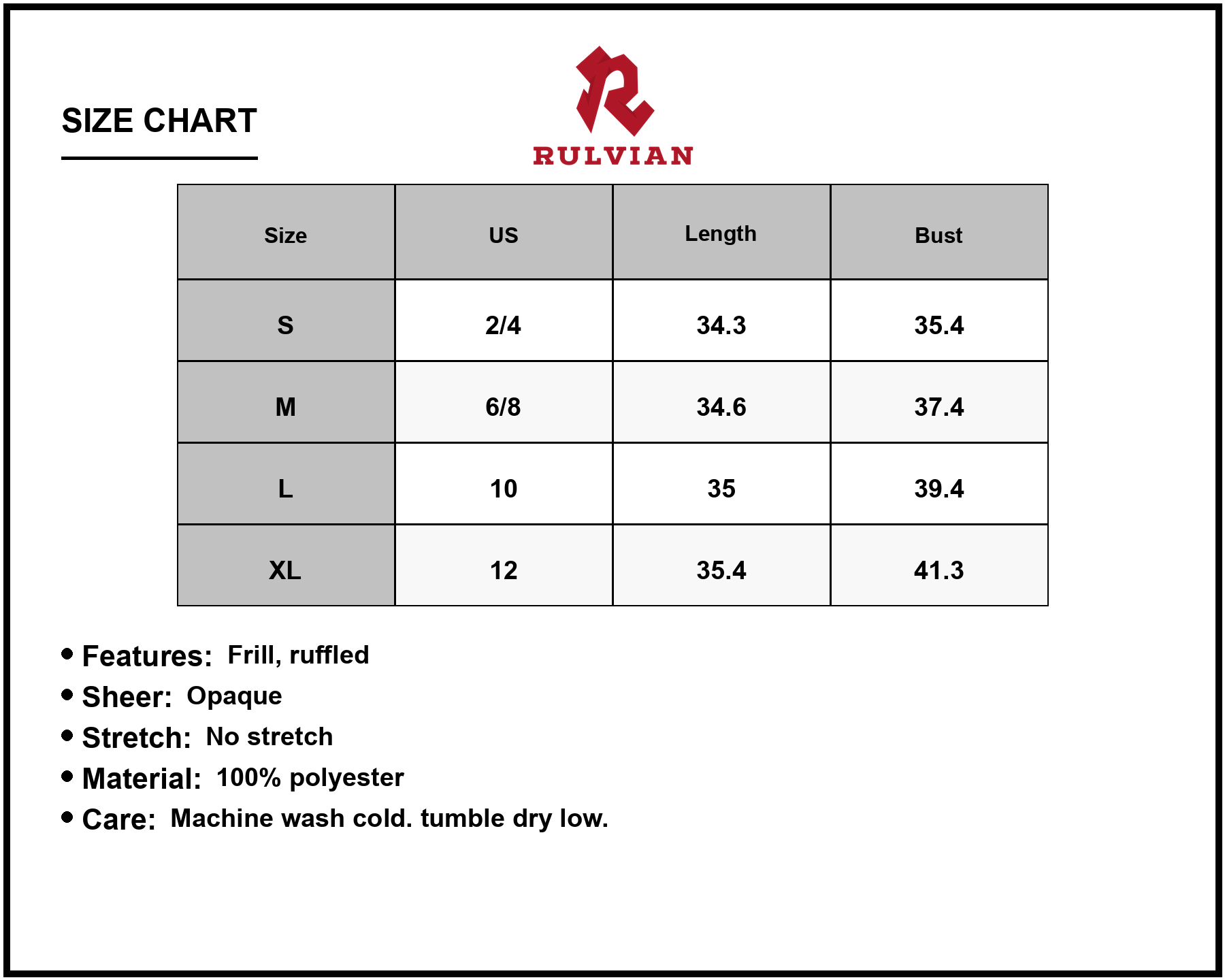 Size Chart - Women's Ruffled Sleeveless Mini Dress with Frill Details and Lightweight Silhouette 100% Polyester for Evening Party