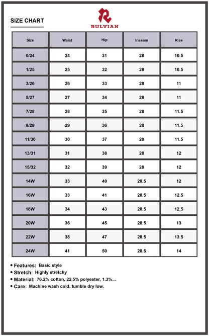 Size Chart - Women's Tummy Control High Waist Slim Fit Jeans Highly Stretchy Flattering Shaping Denim for Everyday Versatile Wear Premium Quality