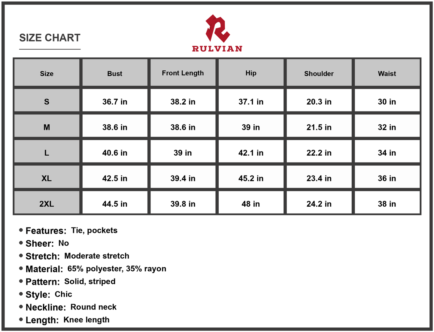 Size Chart - Women's Tie Front Round Neck Short Sleeve Dress with Pockets Knee Length Chic Pencil Hem 65% polyester 35% rayon