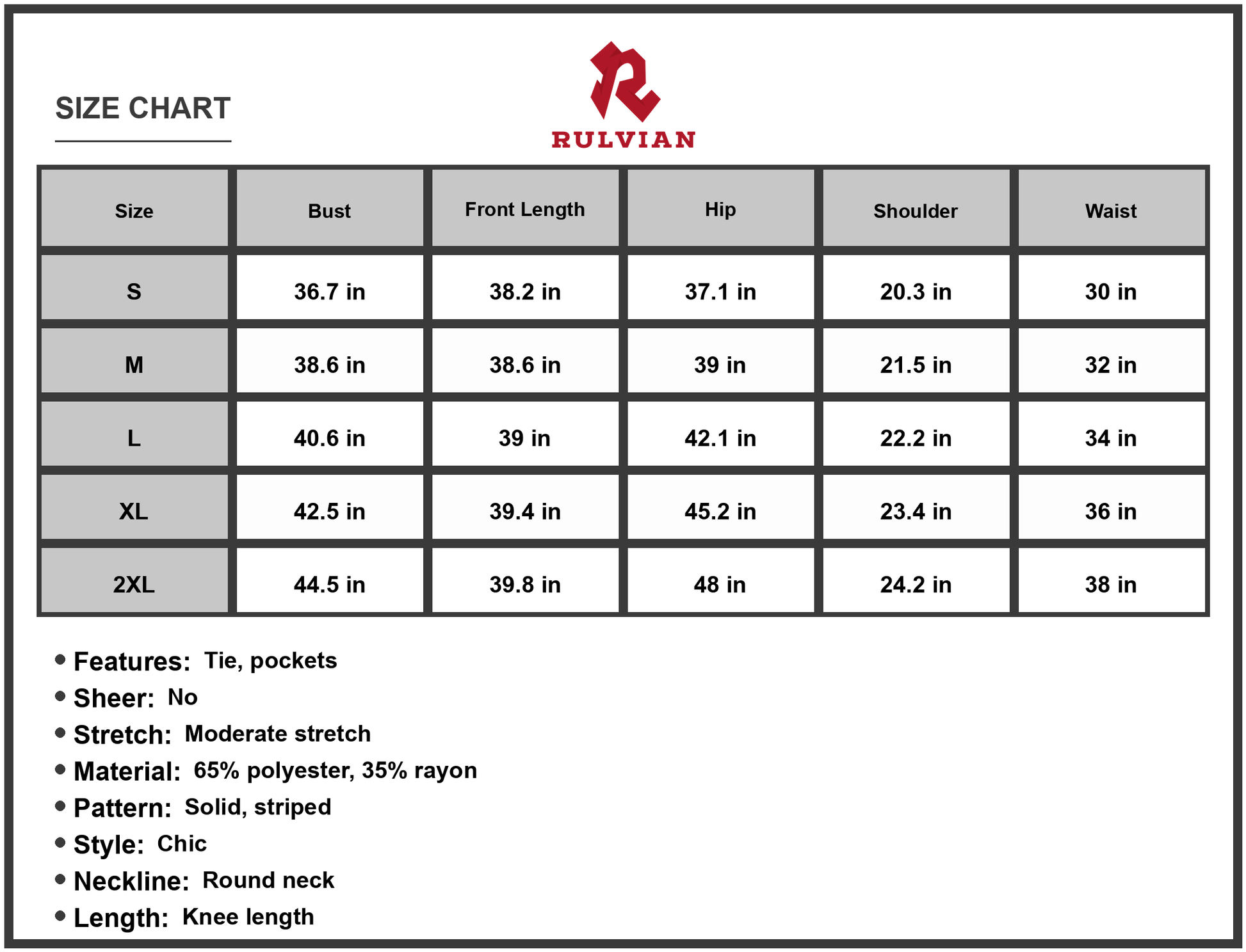 Size Chart - Women's Tie Front Round Neck Short Sleeve Dress with Pockets Knee Length Chic Pencil Hem 65% polyester 35% rayon