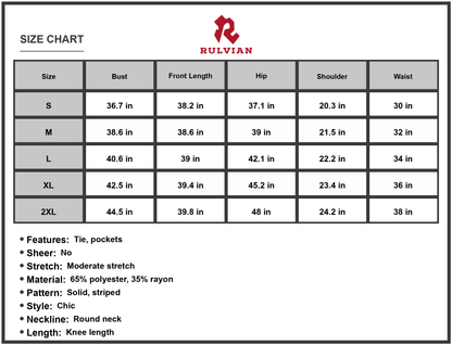 Size Chart - Women's Tie Front Round Neck Short Sleeve Dress with Pockets Knee Length Chic Pencil Hem 65% polyester 35% rayon