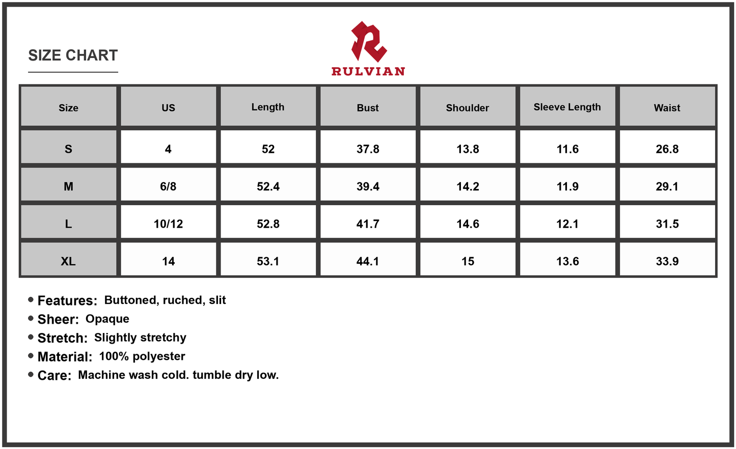 Size Chart - Women's V-Neck Puff Short Sleeve Midi Dress with Buttoned Ruched Slit and Lined Sheer Overlay 100% Polyester Fabric