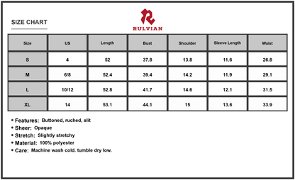 Size Chart - Women's V-Neck Puff Short Sleeve Midi Dress with Buttoned Ruched Slit and Lined Sheer Overlay 100% Polyester Fabric