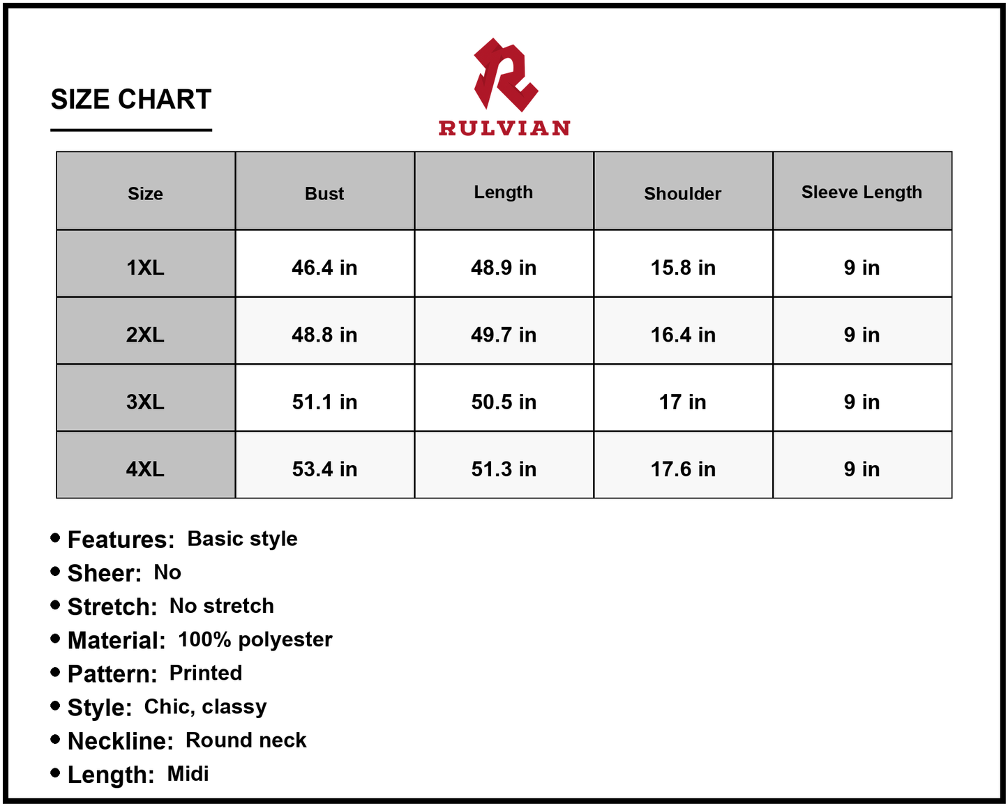 Size Chart - Women's Floral Round Neck Midi Dress with Flutter Short Sleeves Plus Size 100% Polyester Fabric Elegant Chic Everyday