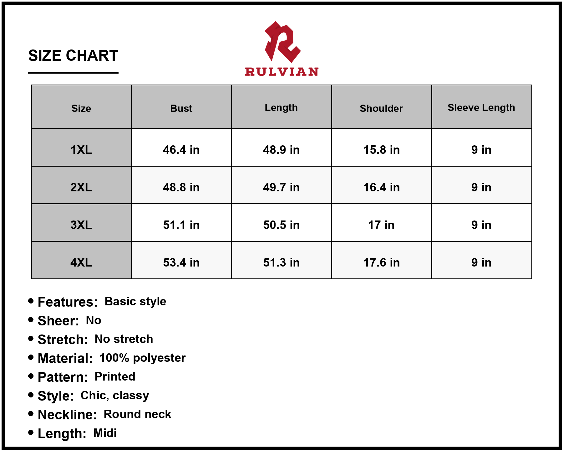 Size Chart - Women's Floral Round Neck Midi Dress with Flutter Short Sleeves Plus Size 100% Polyester Fabric Elegant Chic Everyday