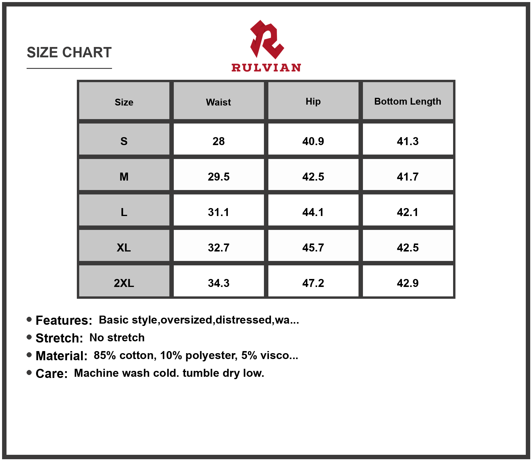 Size Chart - Mens Wide Leg Distressed Vintage Oversized Denim Jeans for Casual Everyday Wear Durable Fashionable Relaxed Fit Pants