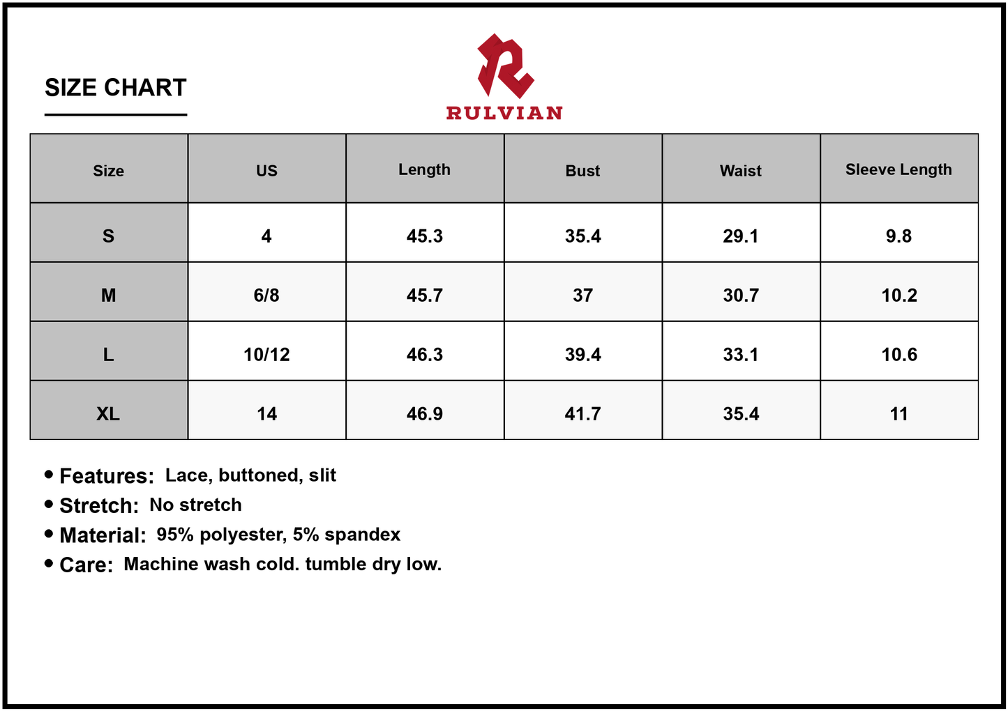 Size Chart - Women's Lace V-Neck Short Sleeve Dress with Buttoned Front and Side Slit 95% Polyester and 5% Spandex For All Occasions