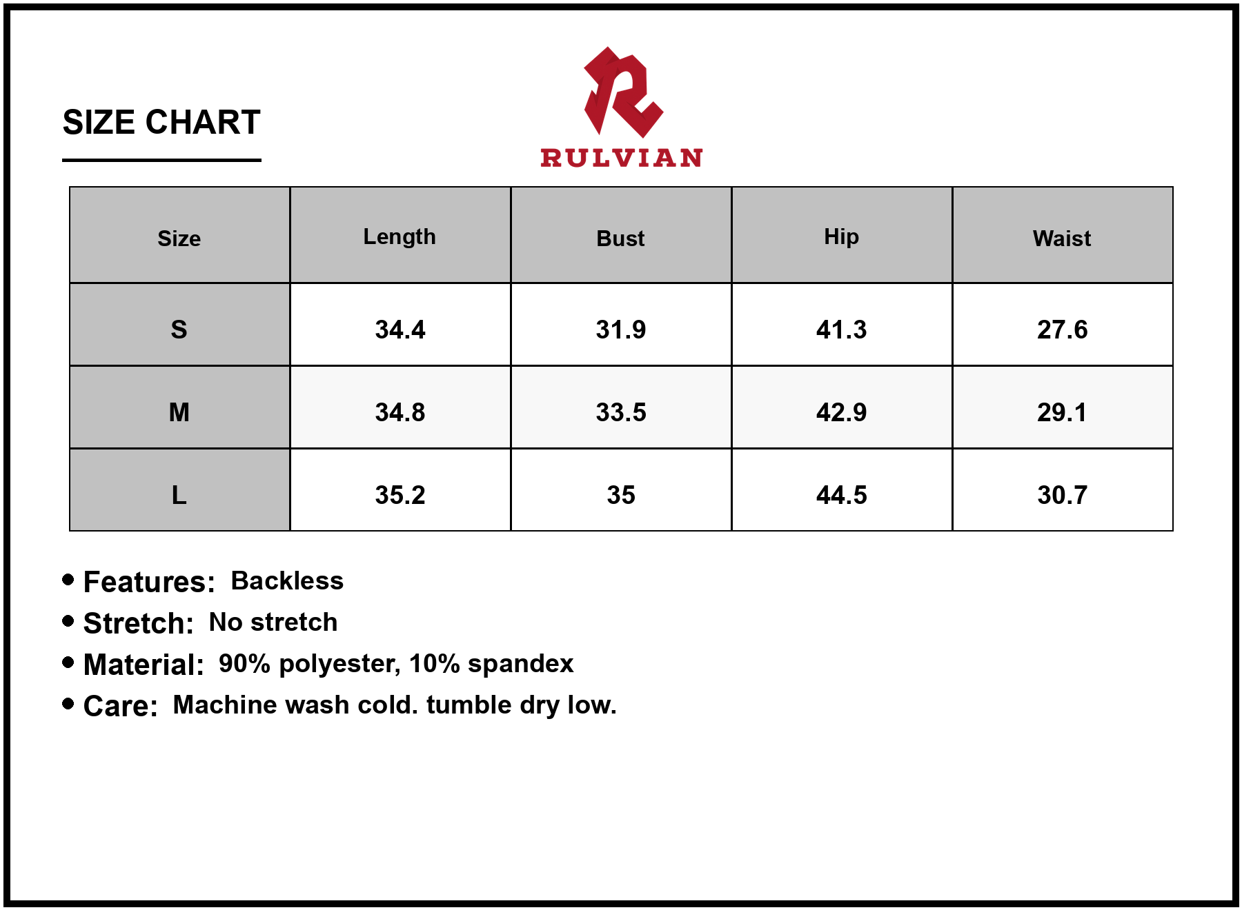 Size Chart - Women's Ruched Neck Backless Mini Dress with Stretch Ninety Percent Polyester and Ten Percent Spandex for Evening Wear