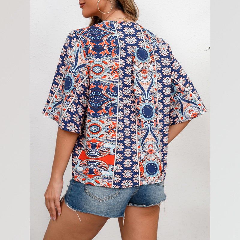 Women's Vintage Print Short Sleeve Boho Shirt 100% Polyester Flower Pattern Retro Style Casual Everyday Wear
