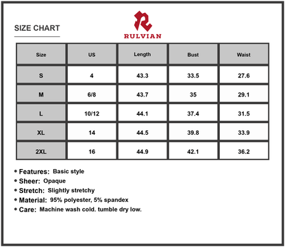 Size Chart - Women's Sleeveless Midi Dress 95% Polyester 5% Spandex Sheer Bodice Slight Stretch Versatile For Day to Night Wear