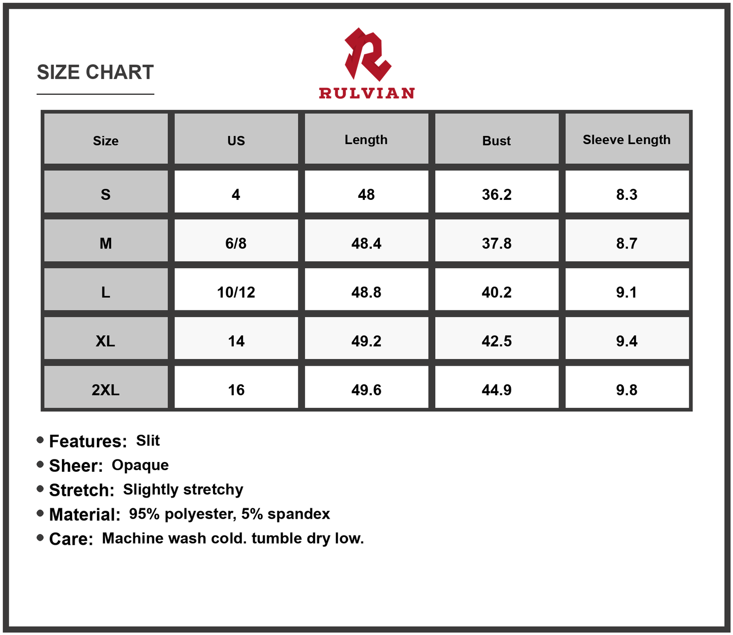 Size Chart - Men's Slit Round Neck Half Sleeve Tee Dress with Sheer Slit Detail and Stretchy Body for Easy Everyday Wear Casual