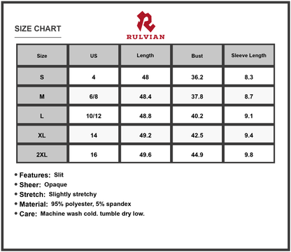 Size Chart - Men's Slit Round Neck Half Sleeve Tee Dress with Sheer Slit Detail and Stretchy Body for Easy Everyday Wear Casual