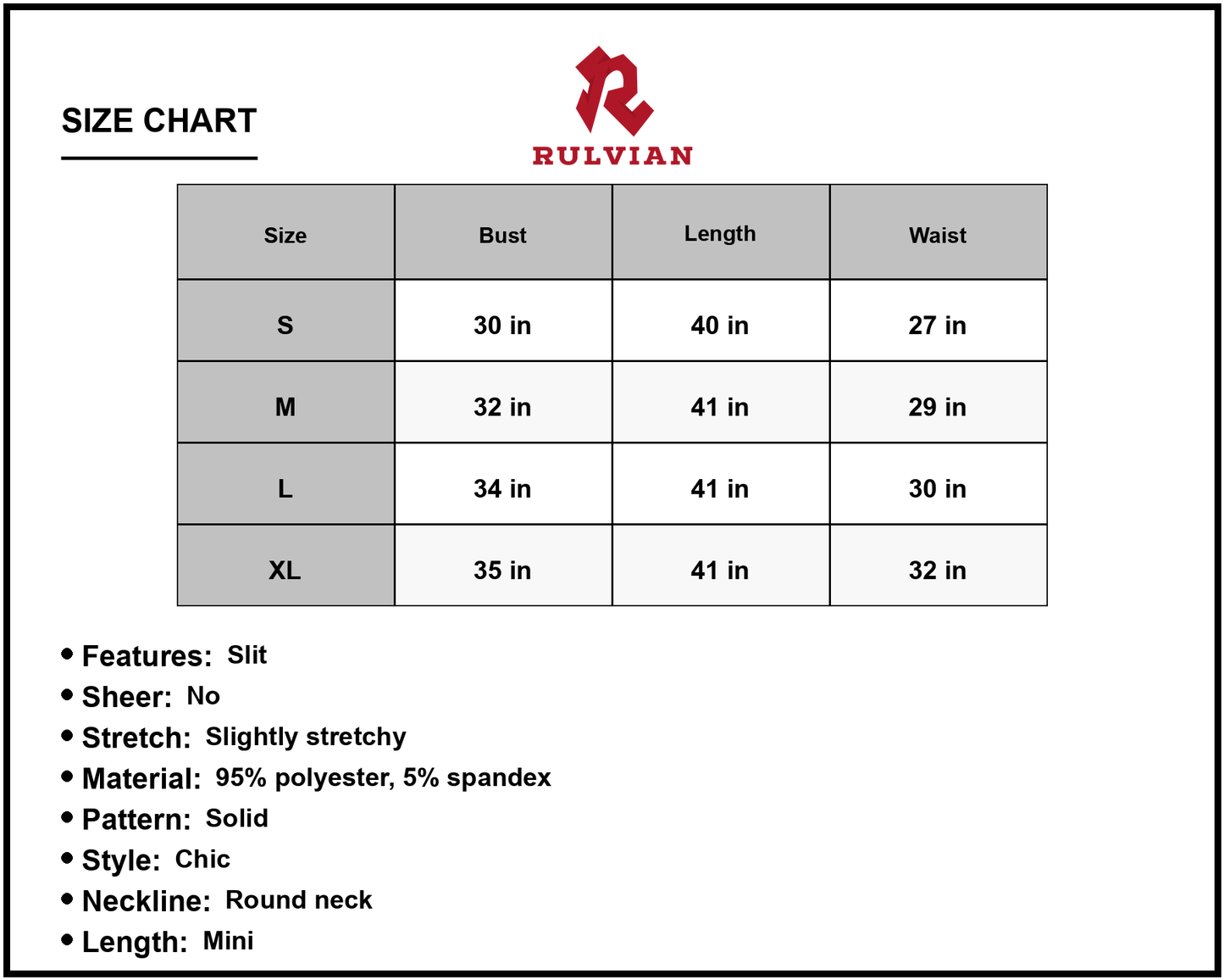 Size Chart - Women's Round Neck Sleeveless Mini Dress with Front Slit Solid Chic Stretch Ninety Five Percent Polyester Spandex Blend