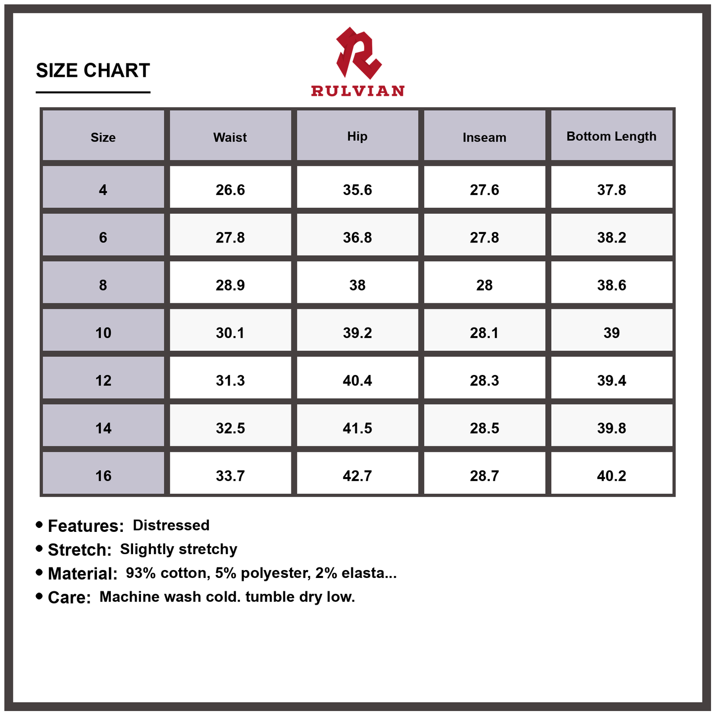 Size Chart - Women's Distressed High Waist Jeans with Pockets Slim Fit Stretch Denim Pants Premium Durable Versatile Casual Everyday Fashion