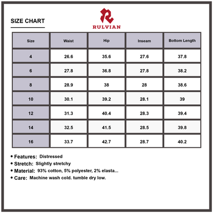 Size Chart - Women's Distressed High Waist Jeans with Pockets Slim Fit Stretch Denim Pants Premium Durable Versatile Casual Everyday Fashion