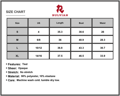 Size Chart - Women's Lace Sleeveless Tied Waist Mini Dress 90% Polyester 10% Elastane Lightweight Sheath Silhouette Perfect for Day