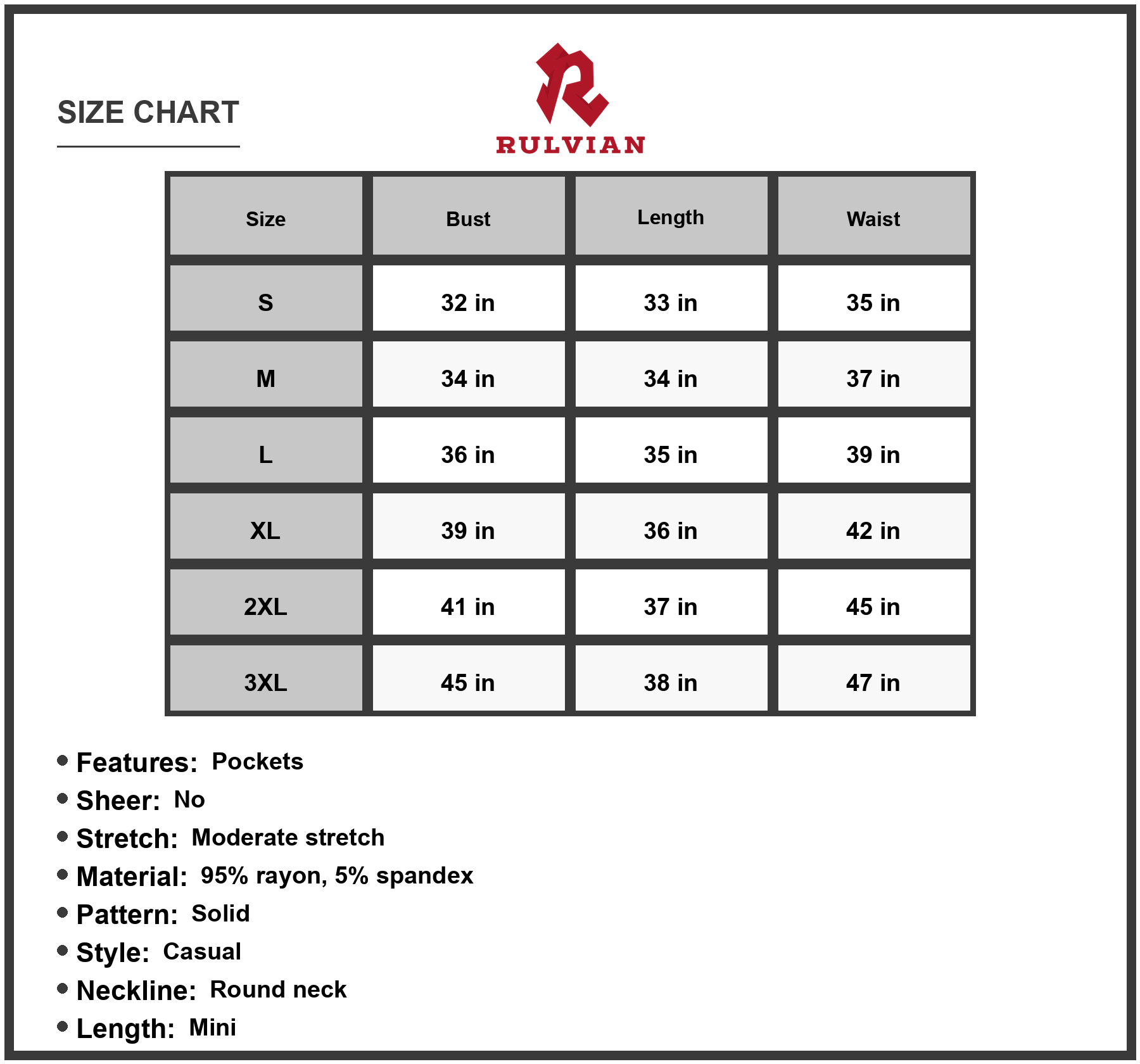 Size Chart - Women's Full Size Round Neck Sleeveless Dress with Pockets 95% rayon and 5% spandex for Everyday Casual Comfort