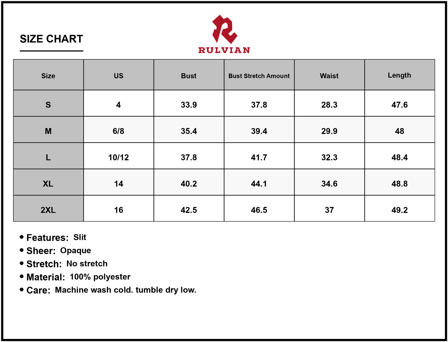 Size Chart - Women's Slit Ruched Mock Neck Sleeveless Dress 100% Polyester Imported Elegant Evening Party Wear For Formal Wear