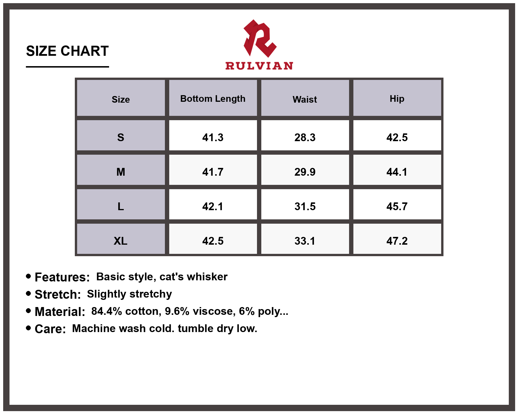 Size Chart - Men's Premium Cat's Whisker Jeans Durable Denim Modern Fit Versatile Everyday Wear with Pockets for Casual Occasions