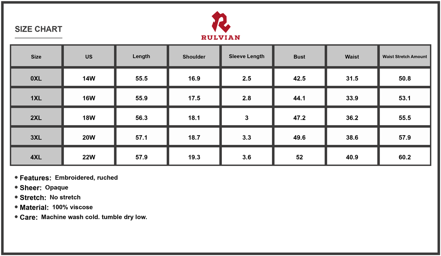 Size Chart - Women's Plus Size Embroidered Floral V Neck Cap Sleeve Maxi Dress with Ruched Sheer Bodice 100% viscose fabric