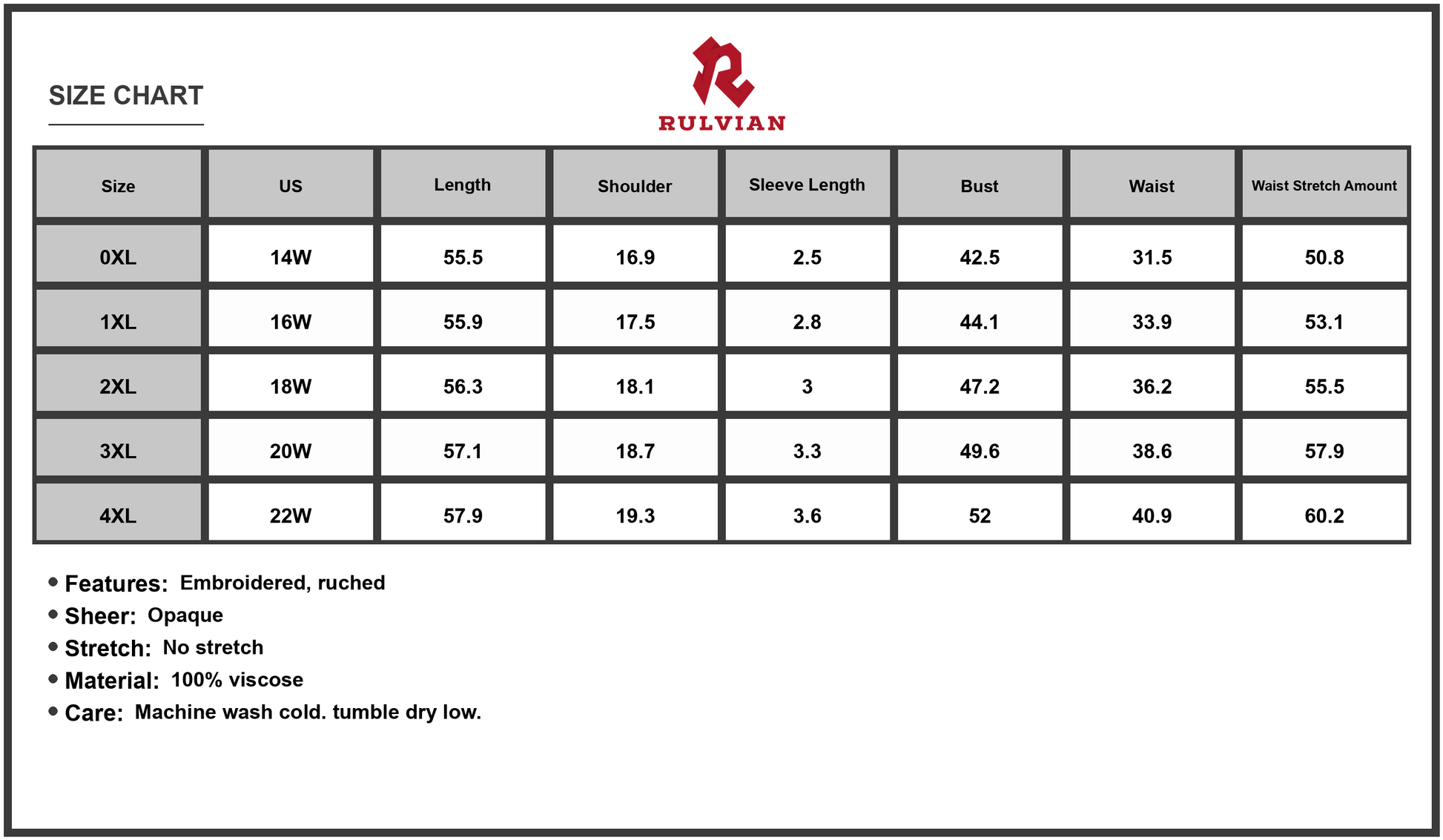Size Chart - Women's Plus Size Embroidered Floral V Neck Cap Sleeve Maxi Dress with Ruched Sheer Bodice 100% viscose fabric