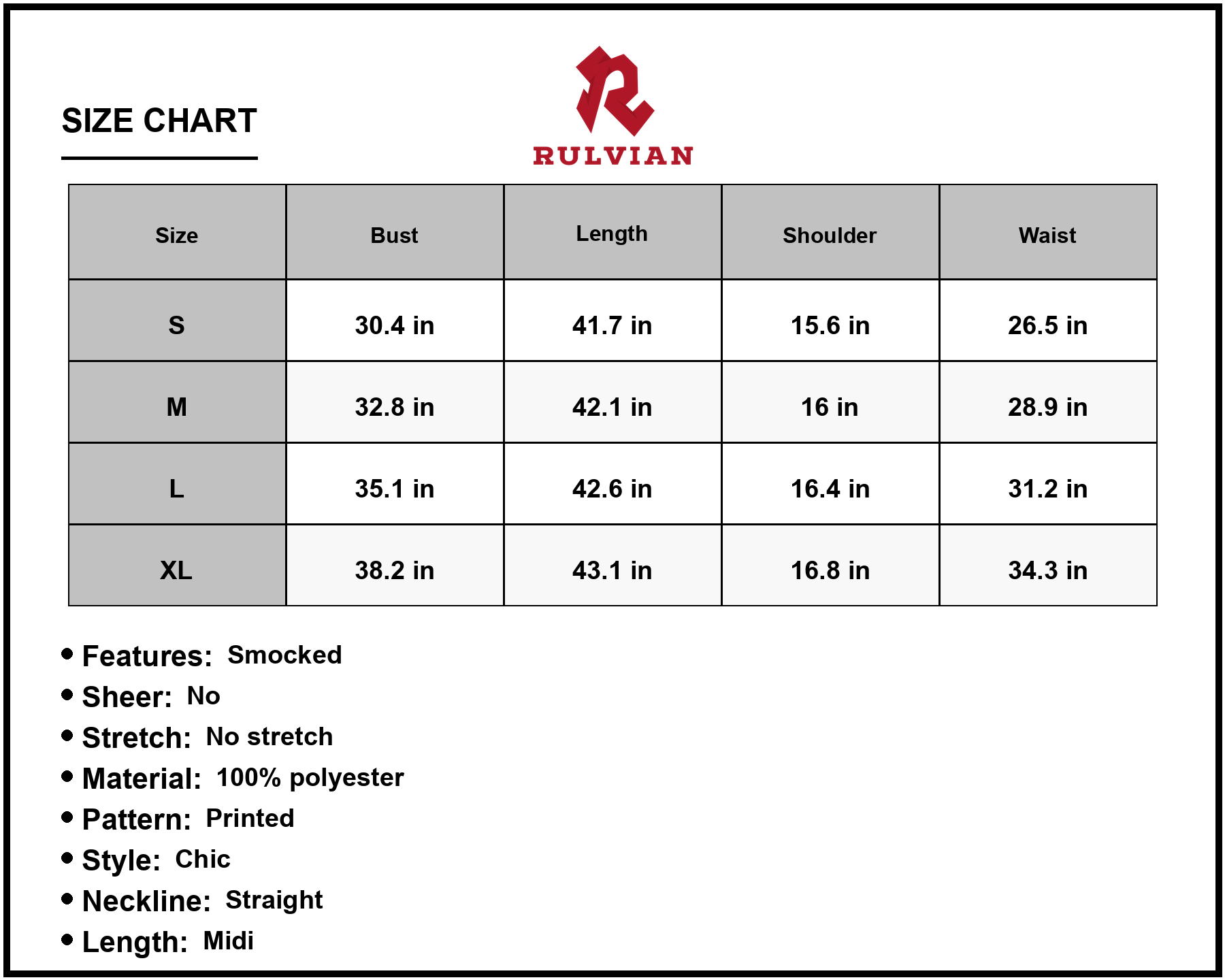 Size Chart - Women's Printed Spaghetti Strap Smocked Midi Dress 100% Polyester Soft Flowing Fabric For Summer Daytime Wear Everyday