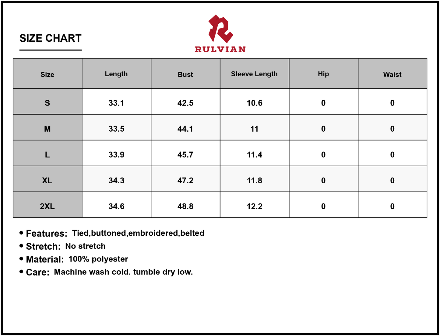 Size Chart - Women's Embroidered Tie Waist Shirt Dress with Buttoned Front Belted Silhouette 100% Polyester Everyday Wear Style