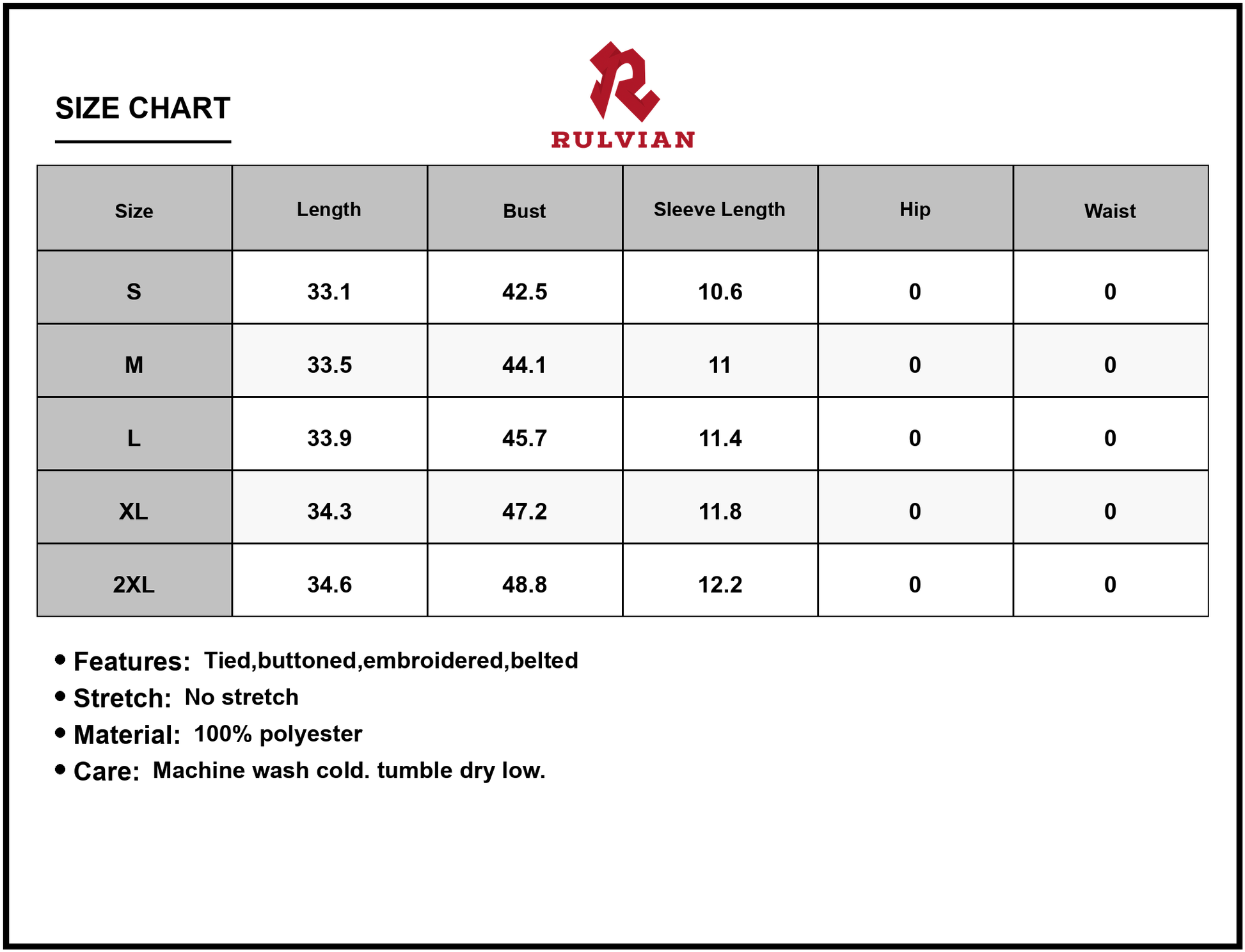 Size Chart - Women's Embroidered Tie Waist Shirt Dress with Buttoned Front Belted Silhouette 100% Polyester Everyday Wear Style